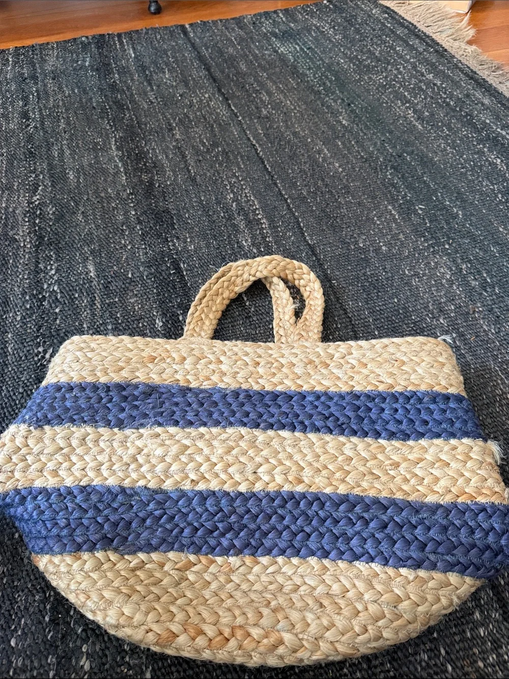 Striped Braided Jute Tote Basket in Natural and Blue